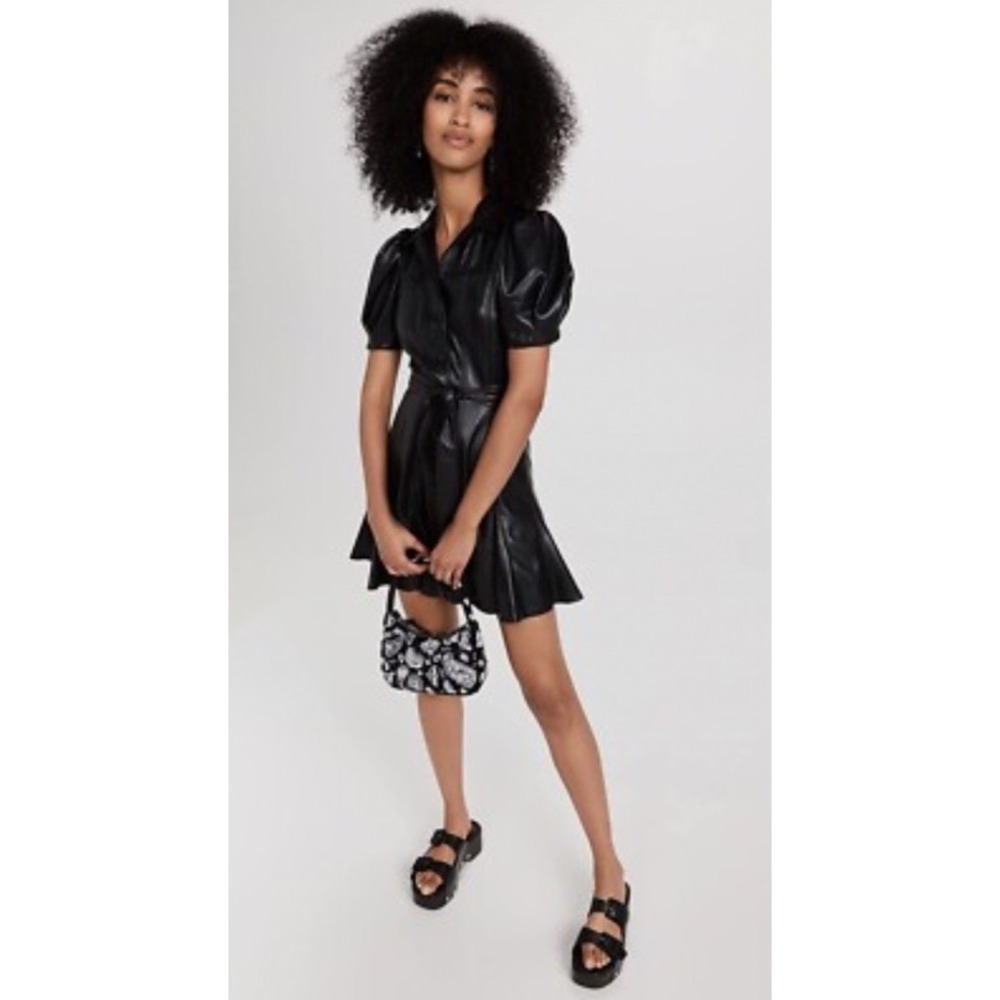 Alice + Olivia Ofra Black Vegan Leather Puff Sleeve Mini Dress Size 6